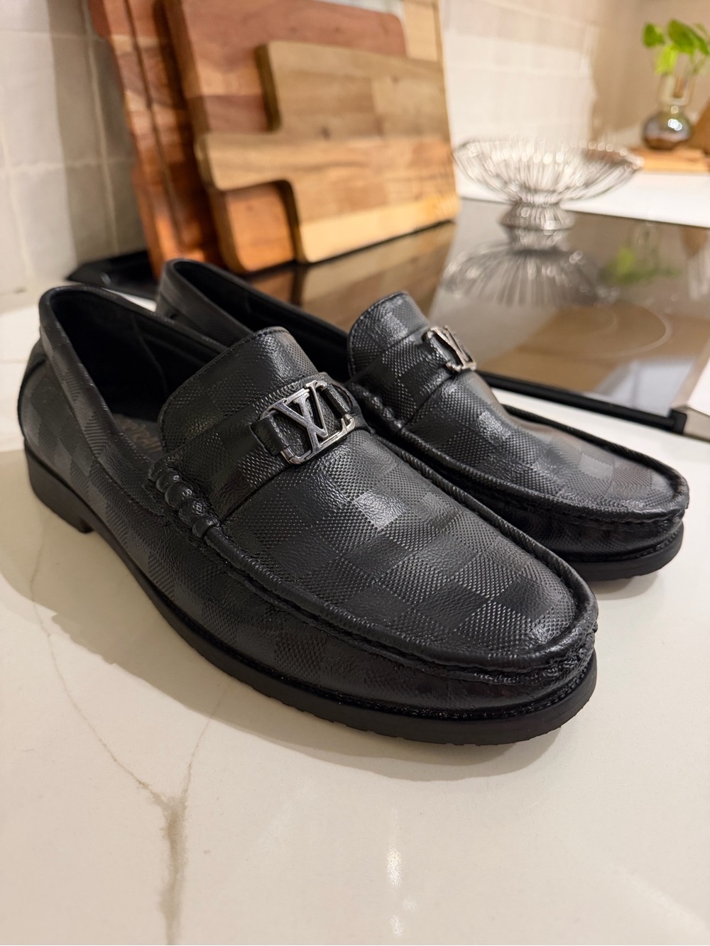 Louis Vuitton Black Damier Leather Slip-On Loafers with Silver LV Accent